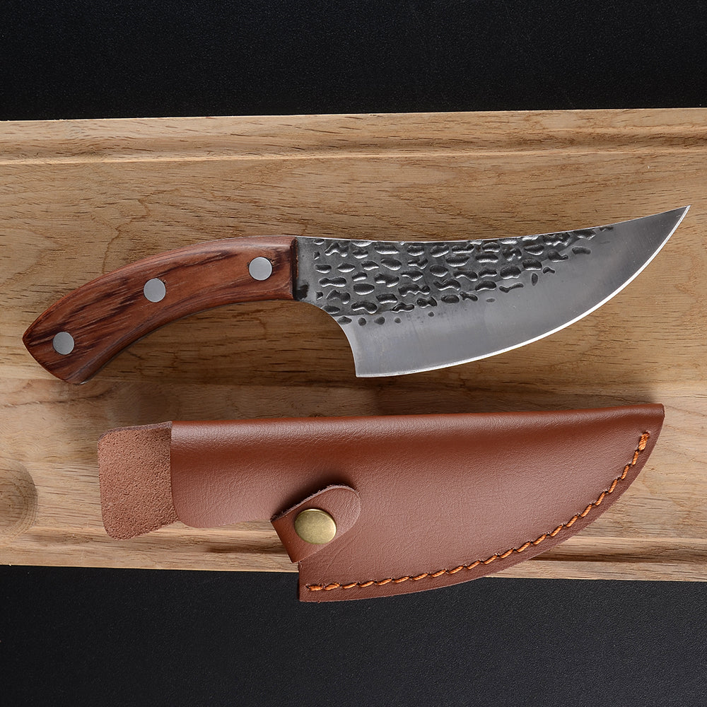 Hand Forged Boning Knife with Leather Sleeve
