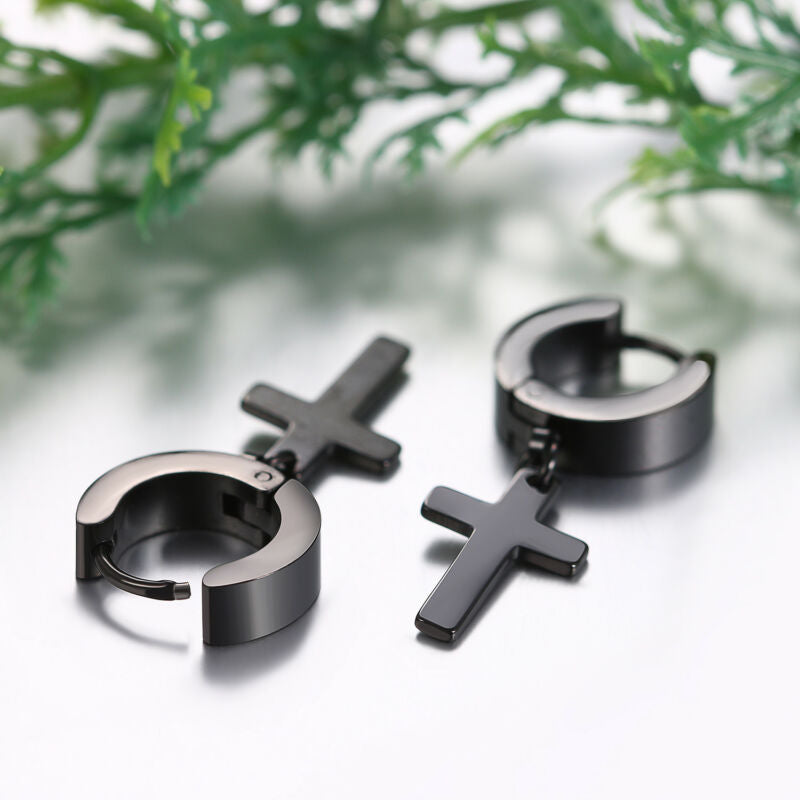 Men's Women's Stainless Steel Cross Drop Dangle Huggie Hinged Hoop Earrings